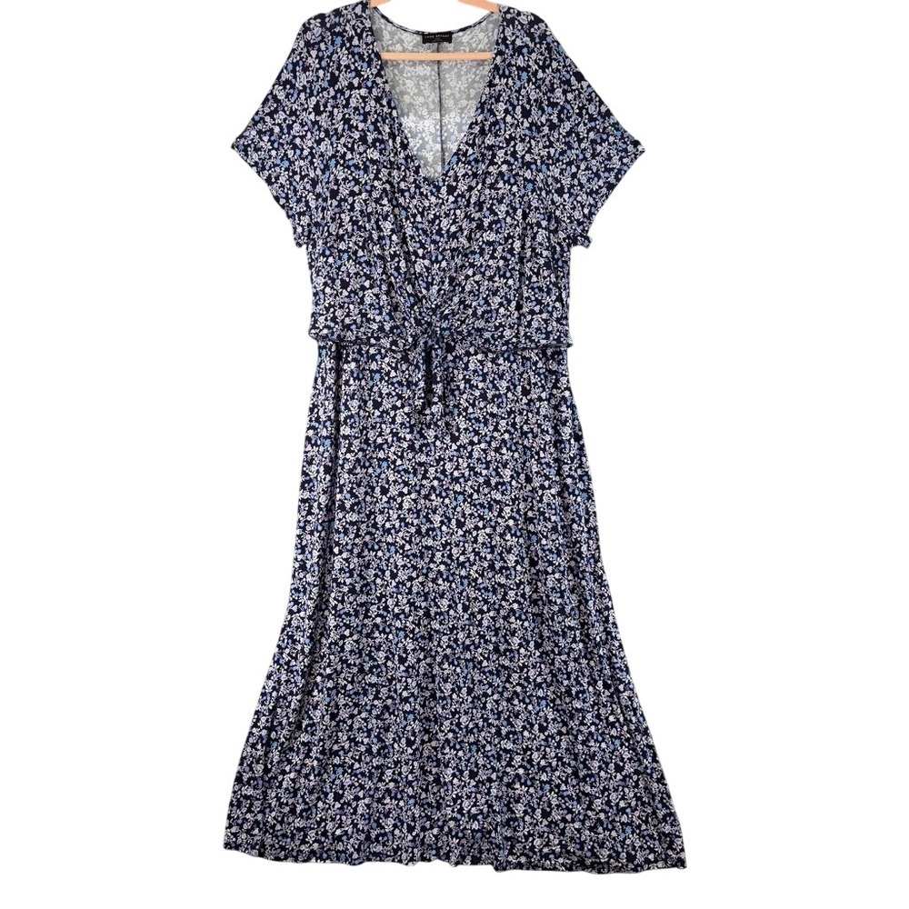 Lane Bryant Maxi Dress Womens 26/28 Blue Floral Tie Front V-Neck Pockets Casual